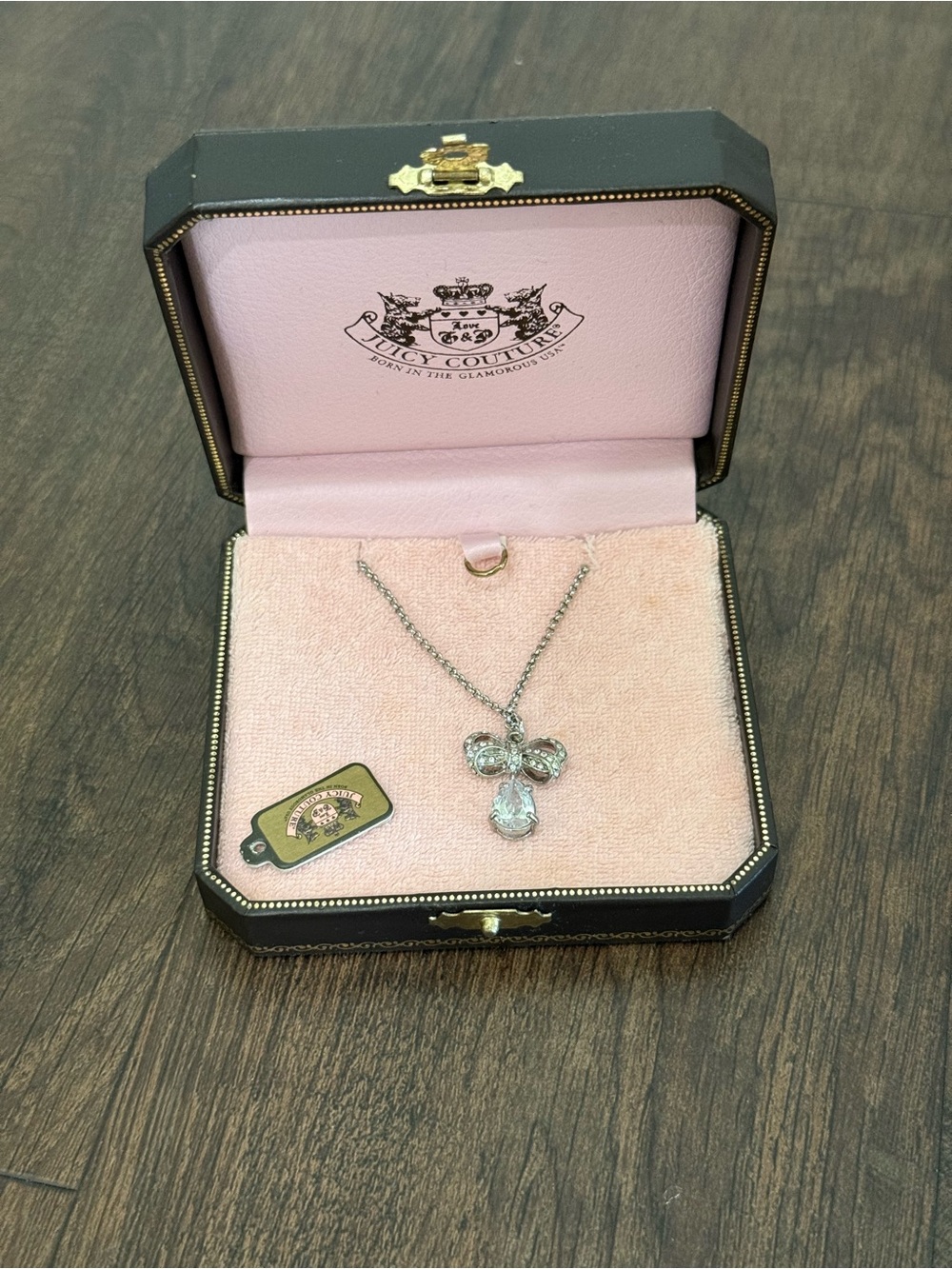 Juicy Couture Silver Crystal Bow and Teardrop Pendant Necklace - Silver